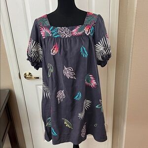 Johnny Was Gray Top with Pink and Green Embroidery